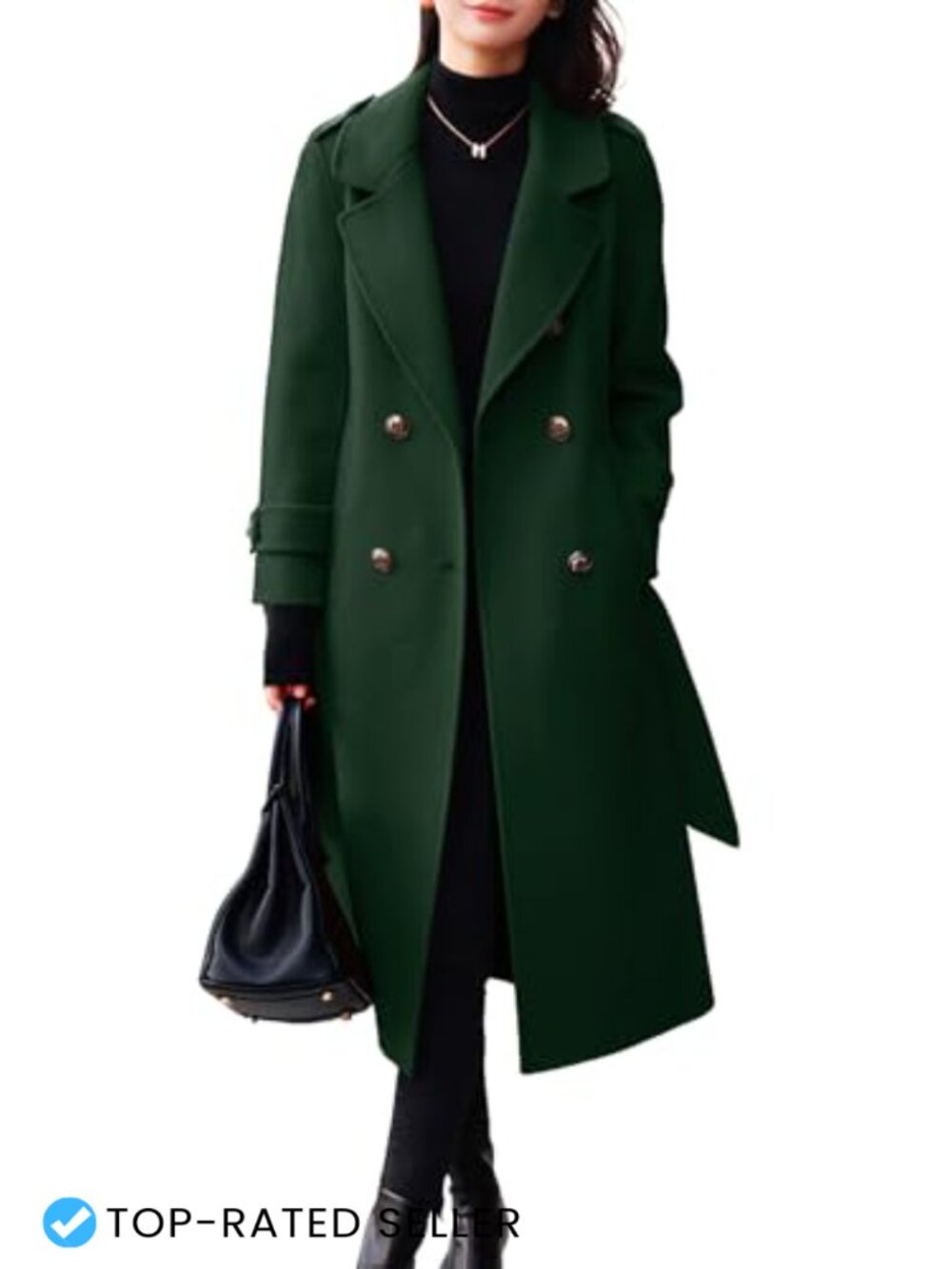 Women's Winter Belted Wool Coat Double Breasted Midi Long Peacoat